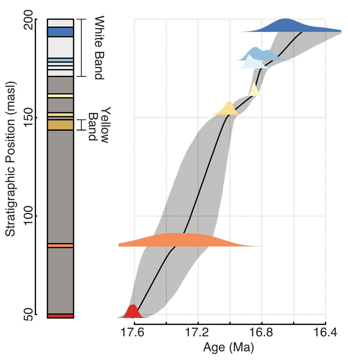 Bayesian age-depth model of a composite section from the Santa Cruz Formation, Argentina.